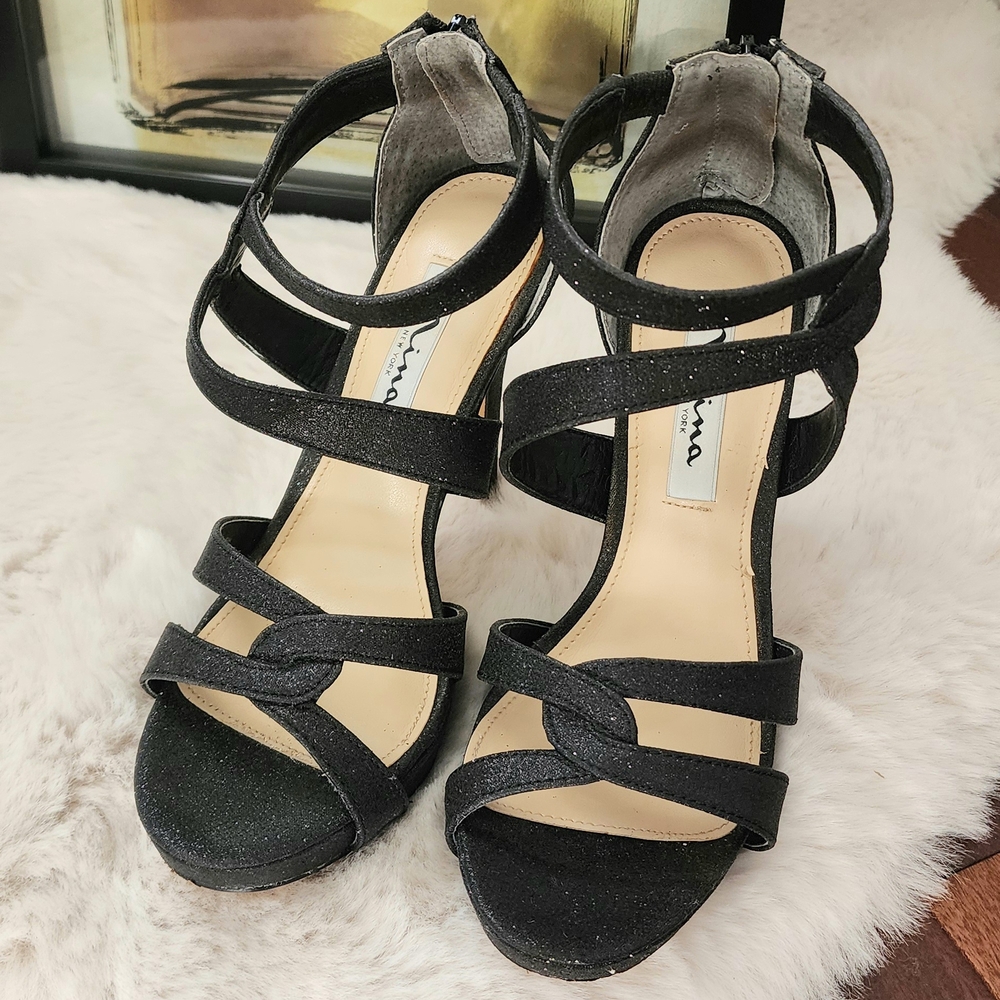 👠Nina Glittery Elegant Black Strappy High Heel Party Sandals. Heel Height 4.5in